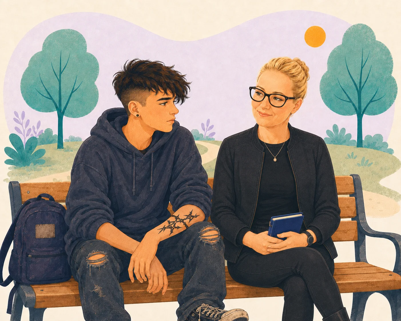 Illustrazione: momento di dialogo tra l'educatrice e un adolescente